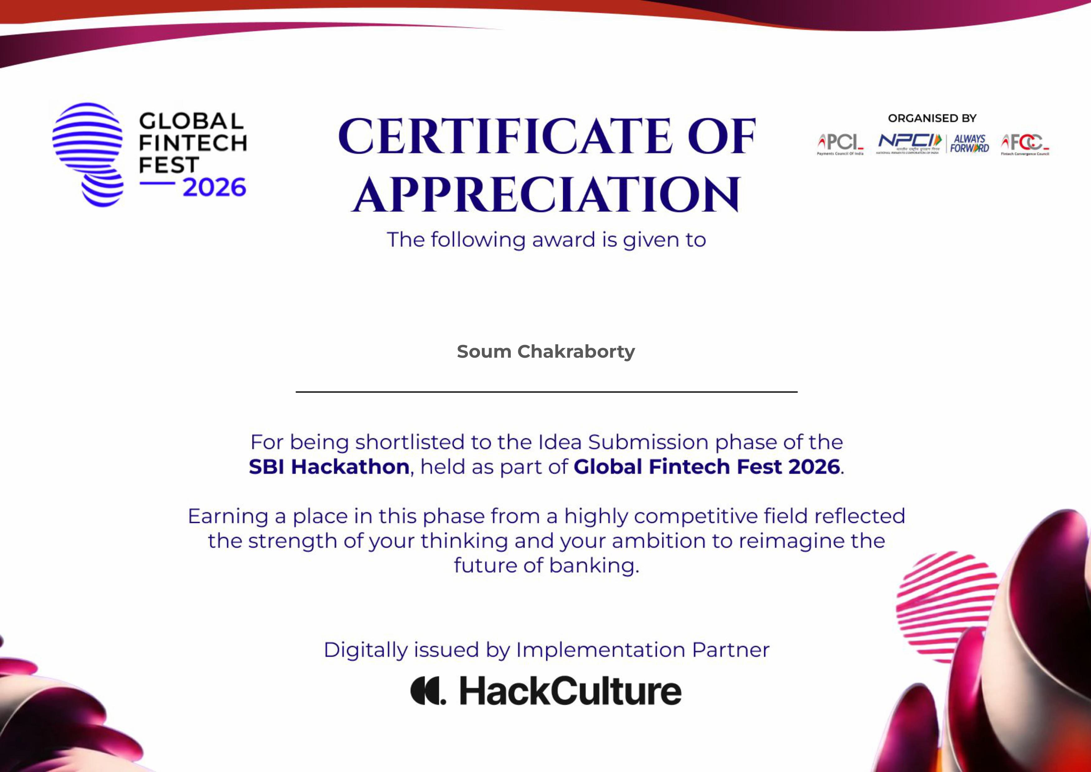 Soum Chakraborty β SBI Hackathon @ GFF 2026 β Idea Submission Shortlist